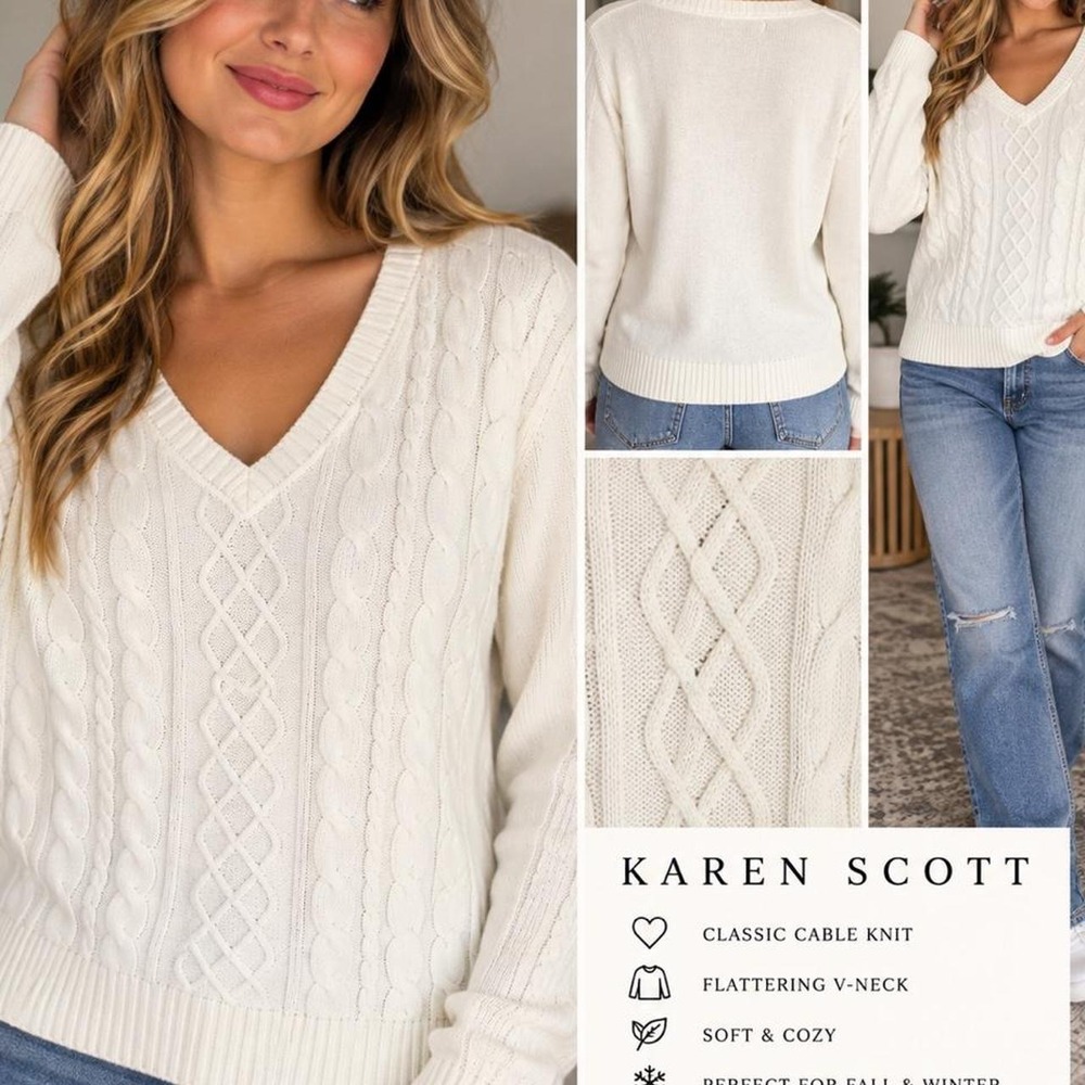 🤍 NWT Karen Scott Cream Cable Knit V-Neck Sweater | Size L